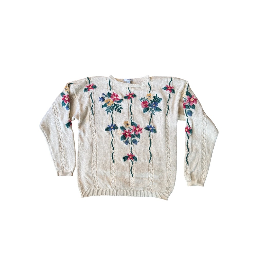 Vintage Van Heusen For Her Hand Embroidered Floral Cable Knit Sweater Cream L